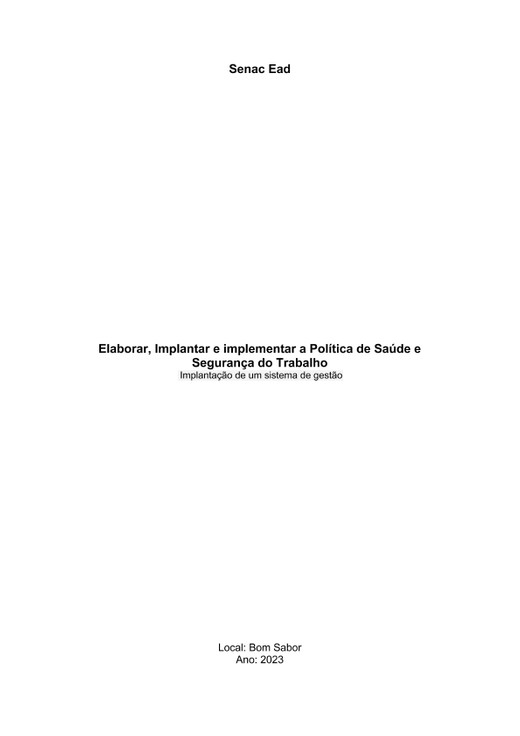 UC 1 ATIVIDADE 3 TST Elaborar, Implantar e implementar a Política de Saúde e Segurança do Trabalho