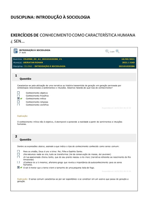 EXERCÍCIOS DE INTRODUÇÃO À SOCIOLOGIA