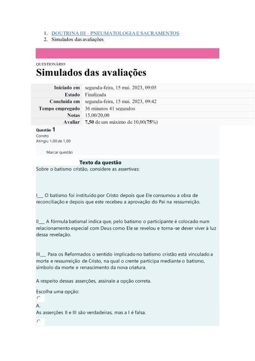 DOUTRINA III -SIMULADO PNEUMATOLOGIA E SACRAMENTOS