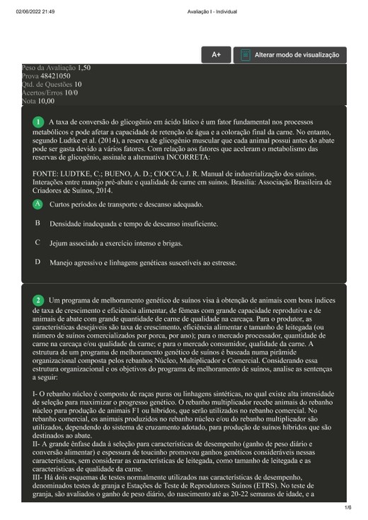 Avaliação I - Individual cadeia produtiva da suinocultura e avicultura