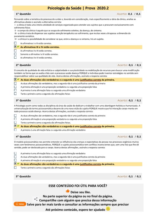Prova de PSICOLOGIA DA SAÚDE 2020.2