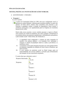 Questionário - Unidade I e II Sistema, Políticas e Instituições de Saúde no Brasil