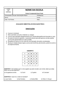 AVALIAÇÃO DE EDUCAÇÃO FÍSICA - TEMA HANDEBOL - ENSINO FUNDAMENTAL (modelo com gabarito e respostas)