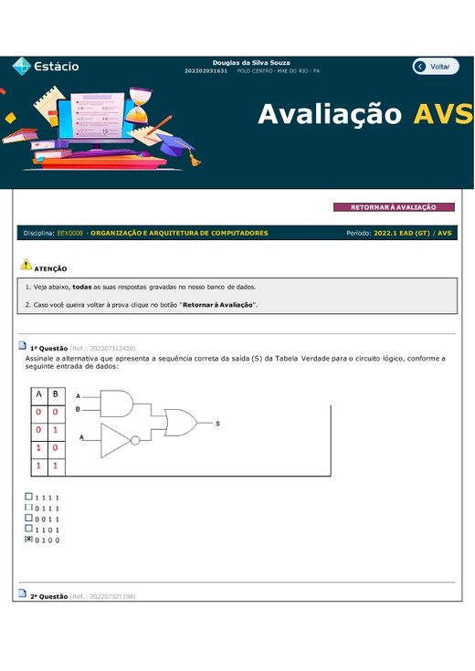 AVALIAÇÃO (AVS) - ORGANIZAÇÃO E ARQUITETURA DE COMPUTADORES