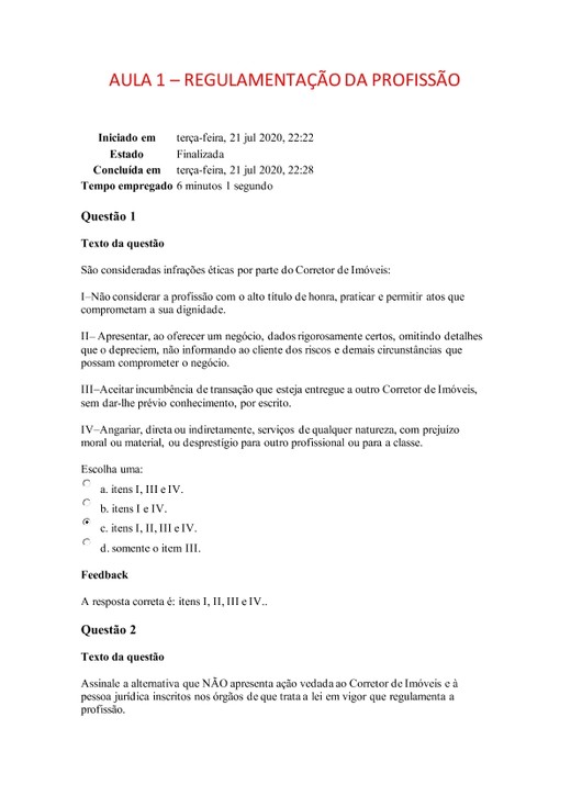 PROVA 1 - Legislação Regulamentação - CRECI - PTAM