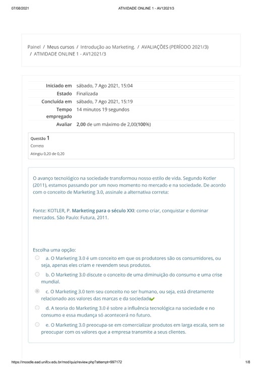 ATIVIDADE ONLINE 1 - AV12021_3 - MARKETING