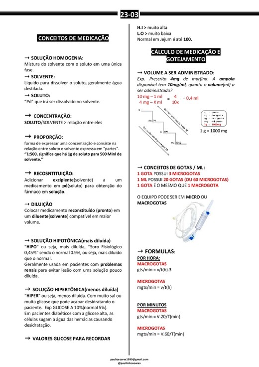 RESUMO- Calculo de medicamentos, administração e bomba de infusão continua