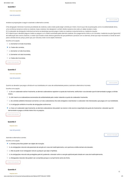 UNIP AVA Questionário Online TEORIA GERAL DAS OBRIGAÇÕES NOTA 8