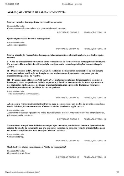 AVALIAÇÃO TEORIA GERAL DA HOMEOPATIA