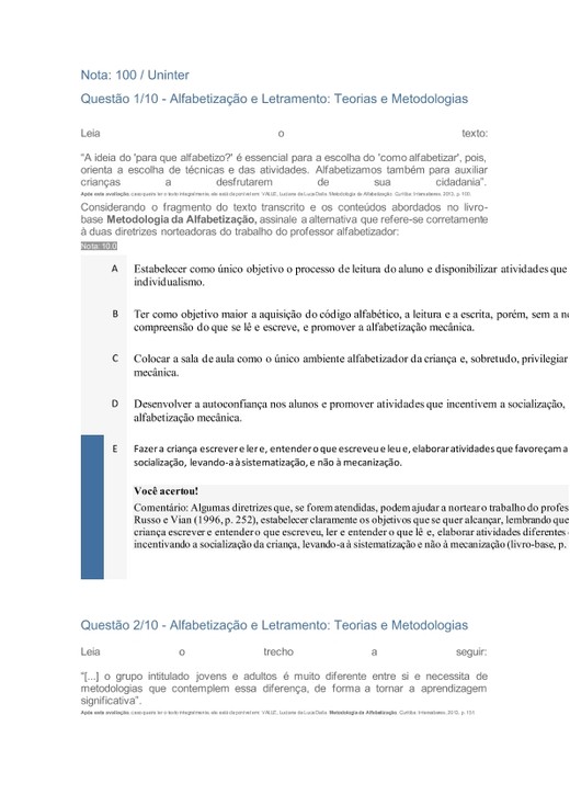 Apol 2 - Alfabetização e Letramento: Teorias e metodologias