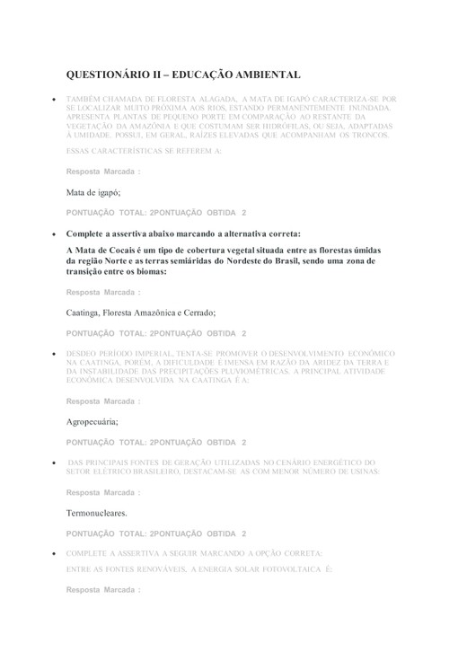 QUESTIONARIO II EDUCACAO AMBIENTAL