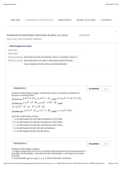 ELEMENTOS DE RACIOCINIO LOGICO - QUESTIONARIO I