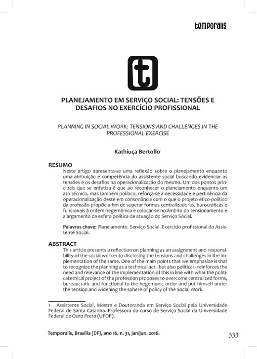 PLANEJAMENTO EM SERVIÇO SOCIAL TENSÕES E DESAFIOS NO EXERCÍCIO PROFISSIONAL