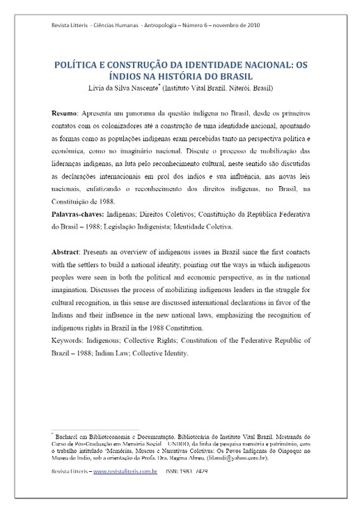 POLÍTICA E CONSTRUÇÃO DA IDENTIDADE NACIONAL_ OS ÍNDIOS NA HISTÓRIA DO BRASIL Livia da Silva Nascente _ (Instituto Vital Brazil Niterói - PDF Free Download
