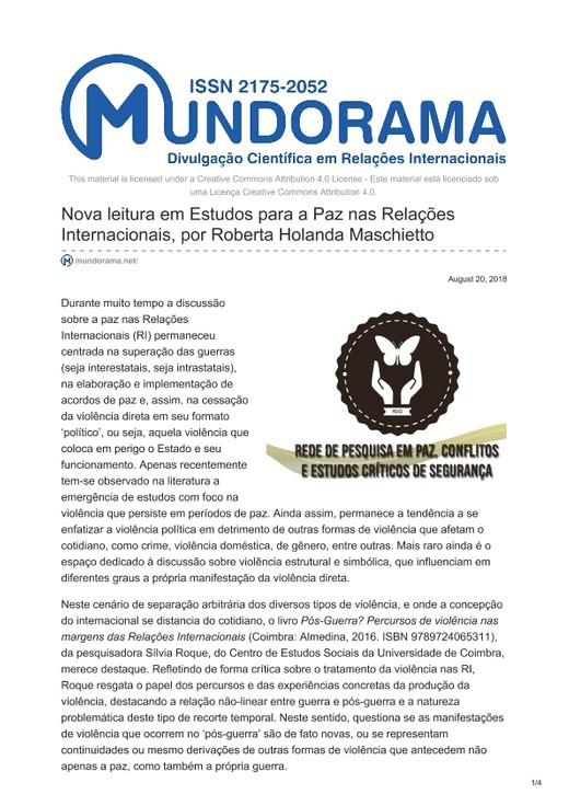 Nova leitura em Estudos para a Paz nas Relações Internacionais por Roberta Holanda Maschietto