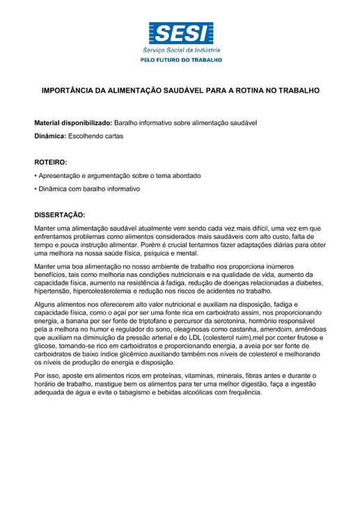 ROTEIRO ABRIL 2023. IMPORTANCIA DA ALIMETACAO SAUDAVEL NO AMBIENTE DE TRABALHO