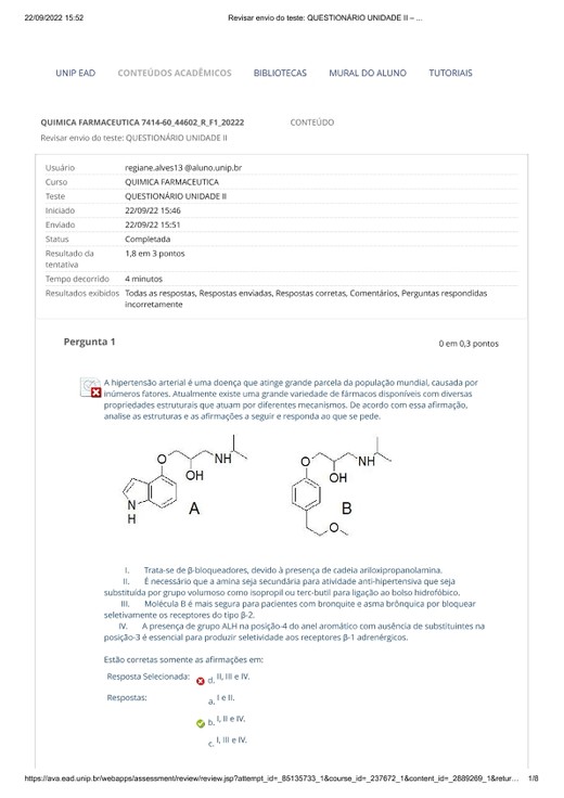 QUIMICA FARMACEUTICA _ QUESTIONÁRIO UNIDADE II FARMACIA - UNIP