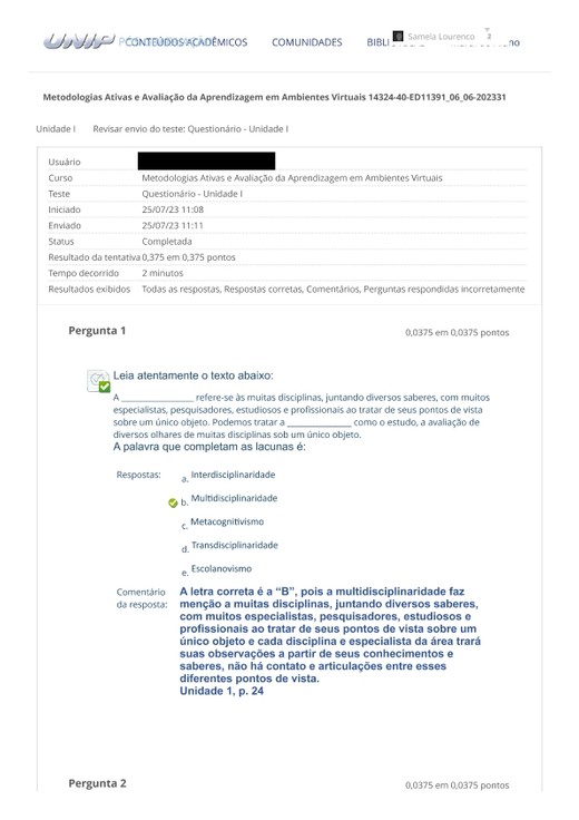 Revisar envio do teste_ Questionário - Unidade I _