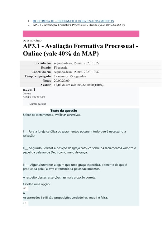 DOUTRINA III - Avaliação Formativa 3 PNEUMATOLOGIA E SACRAMENTOS