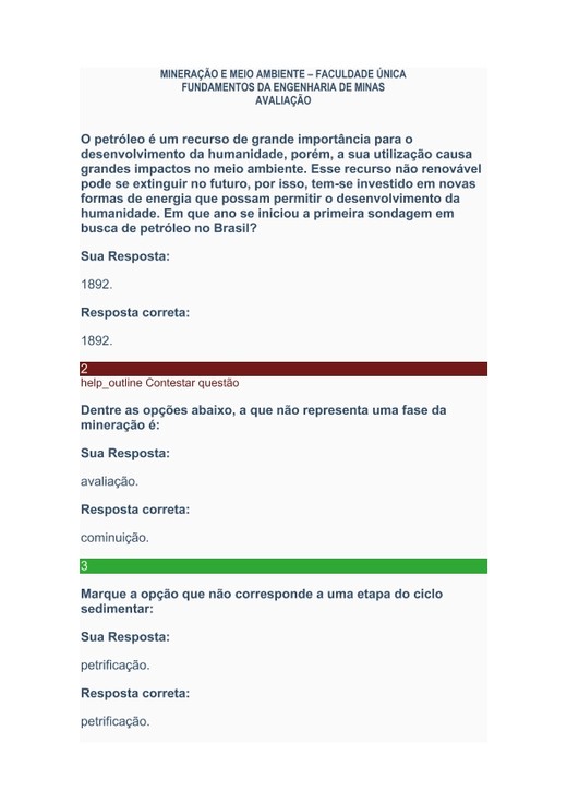FUNDAMENTOS DA ENGENHARIA DE MINAS - AVALIAÇÃO