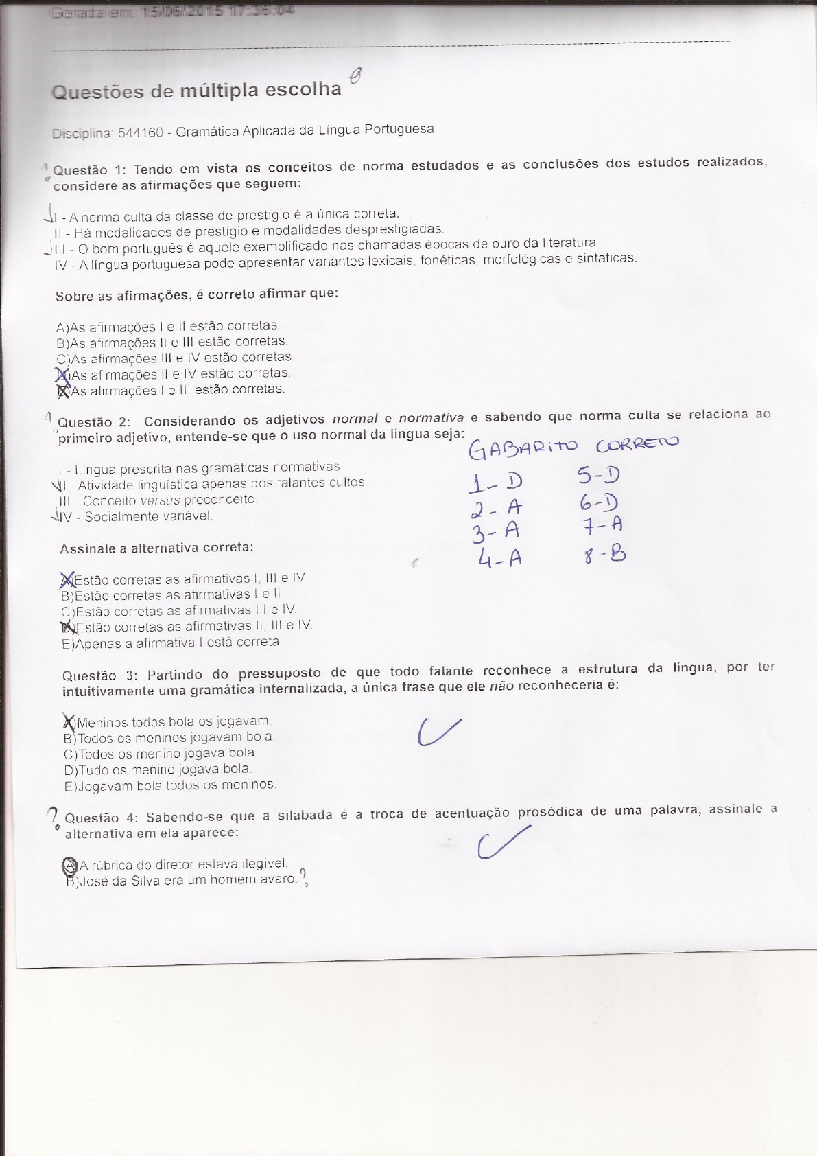 prova gramática aplicada da língua portuguesa - Letras