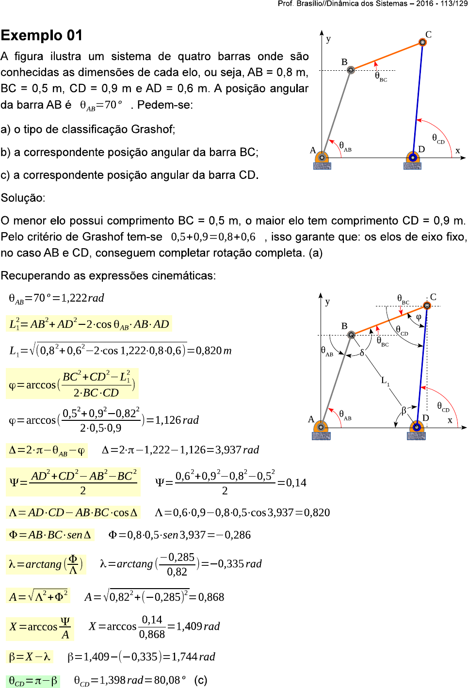 exercicios quatro barras Cinemática dos Mecanismos