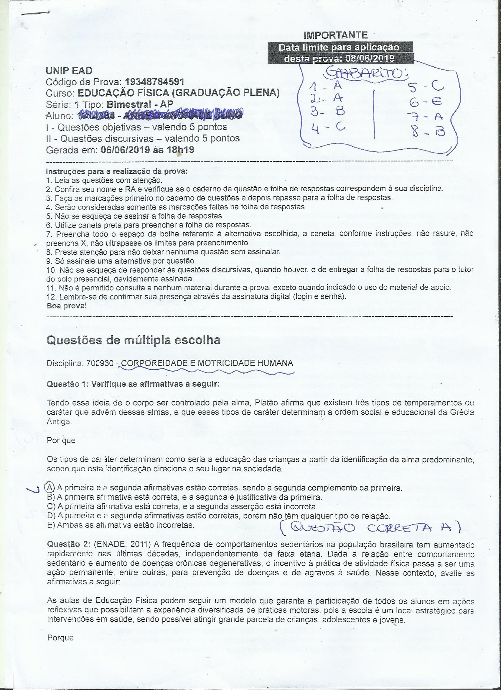 PROVA CORPOREIDADE E MOTRICIDADE HUMANA0001 - Educação Física