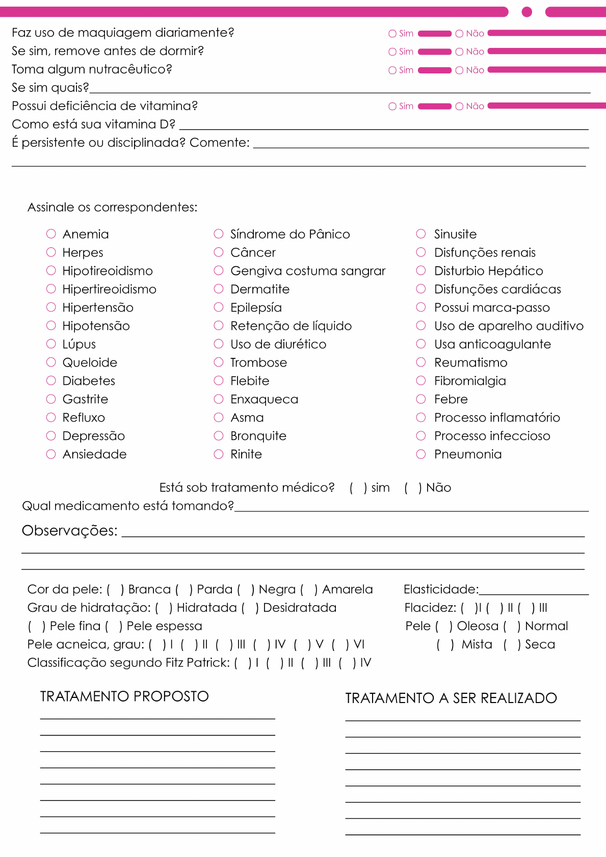 Ficha Anamnese OZONIOTERAPIA e Controle de procedimento A4 - Colorido -  Papel Offset 90gr - Blocos com 50fls cada