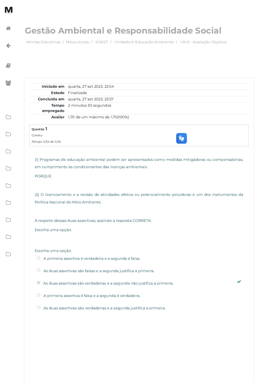 QUIZ 2 EDUCAÇÃO AMBIENTAL, Exercícios Educação avançada