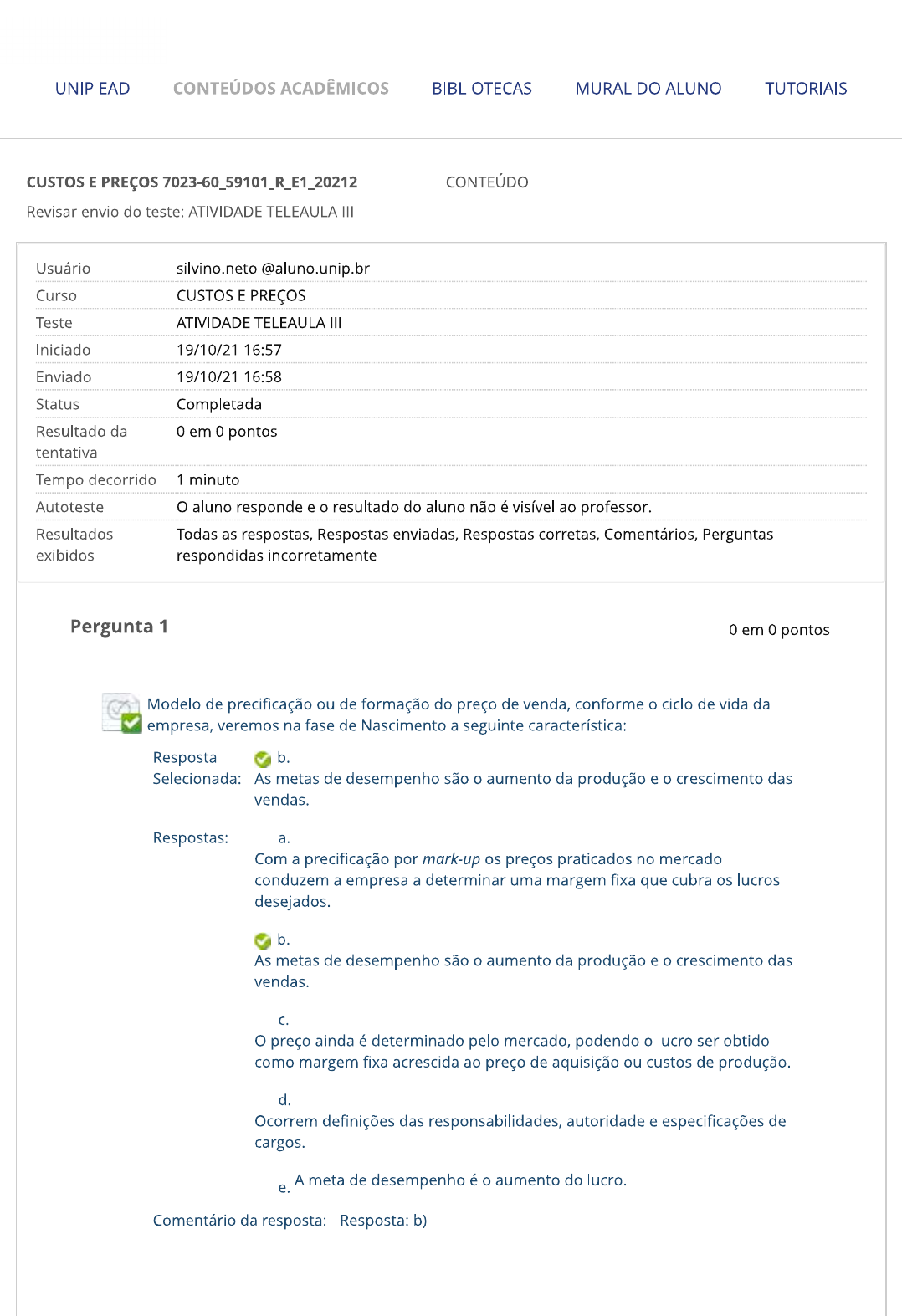 CUSTOS E PREÇOS (UNIP) - ATIVIDADE TELEAULA - UNIDADE 3 - Administração