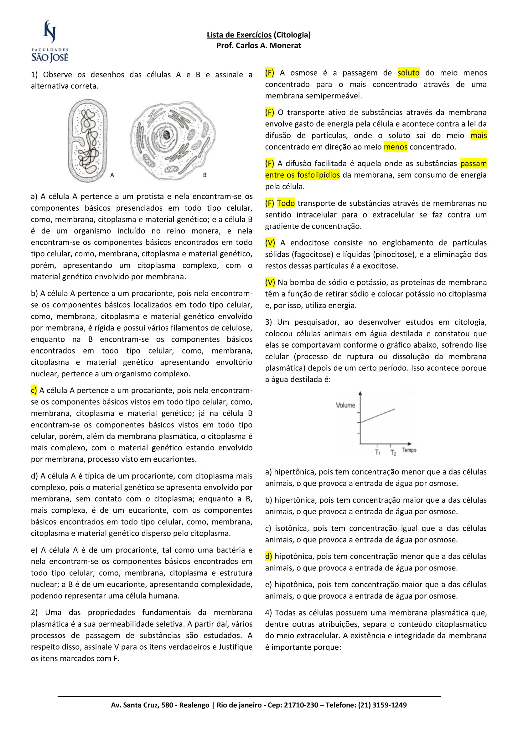 Exercícios Citologia Gabarito 1 - Biologia Celular