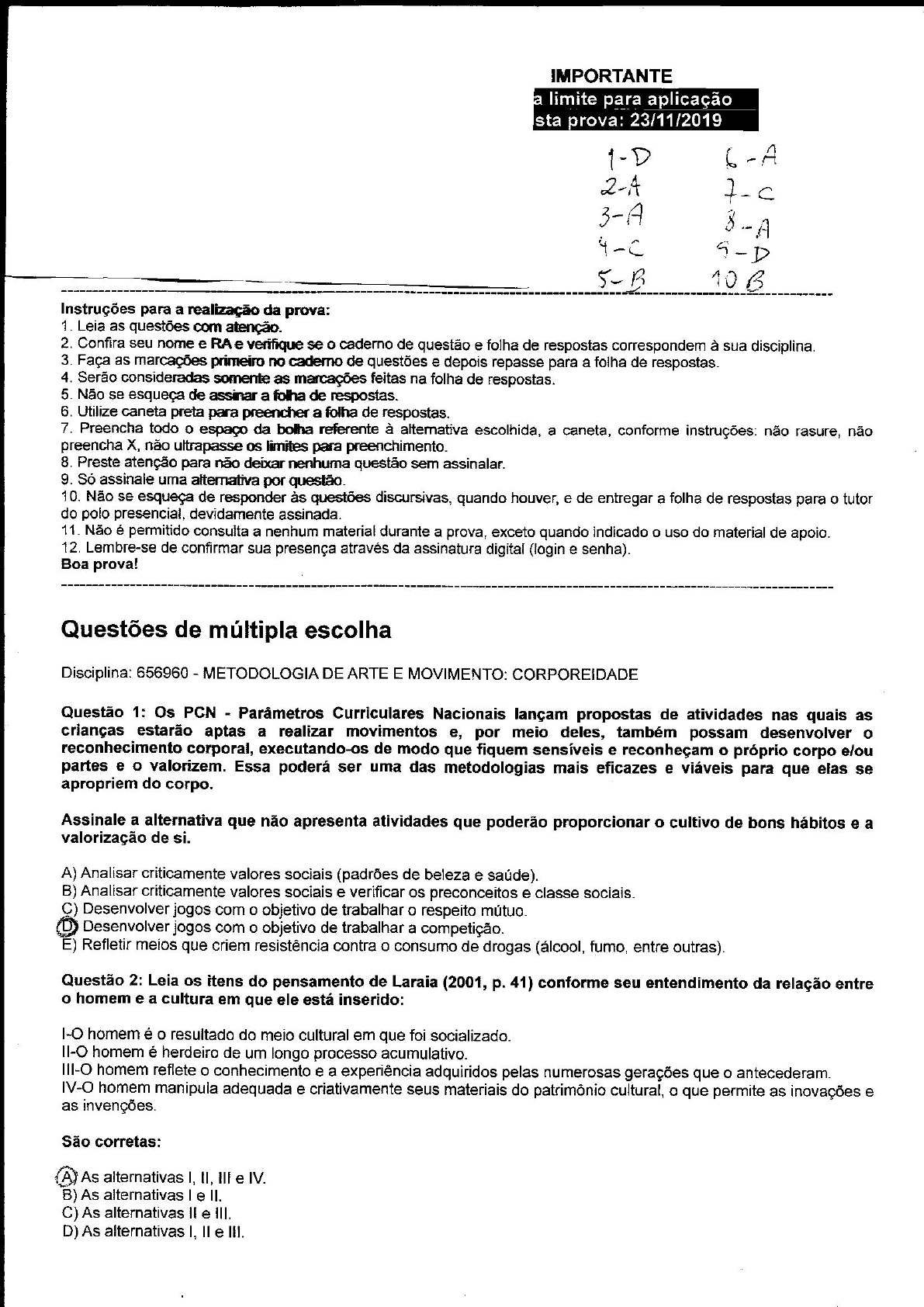 Prova De Arte E Movimento Corporeidade - Metodologia De Arte Movimento ...