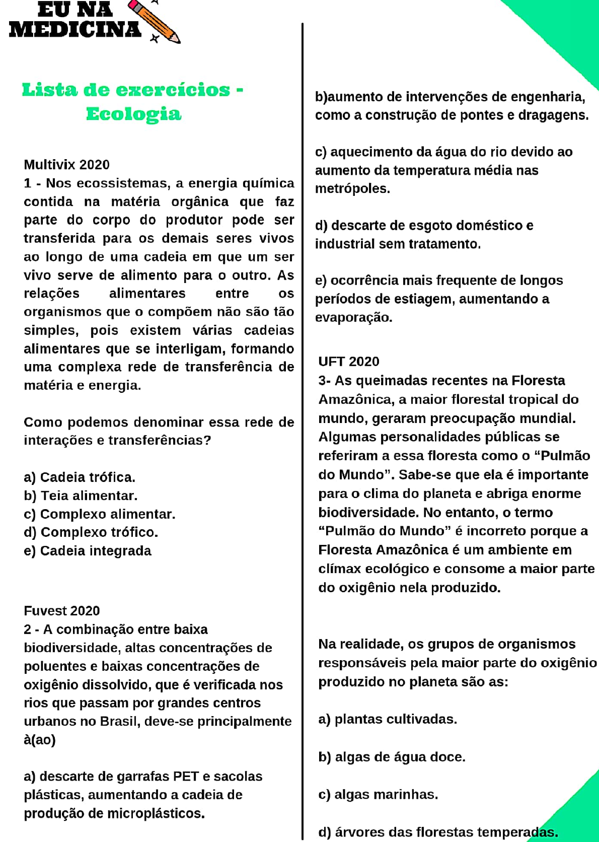 Biologia Ecologia Exercícios _ Questões Sobre Ecologia Com Gabarito – UZMT