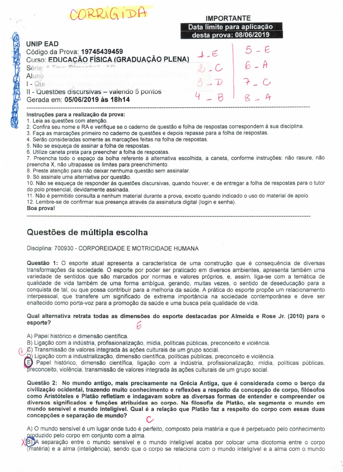 PROVA DE CORPOREIDADE E MOTRICIDADE HUMANA - CORRIGIDA - Corporeidade E ...