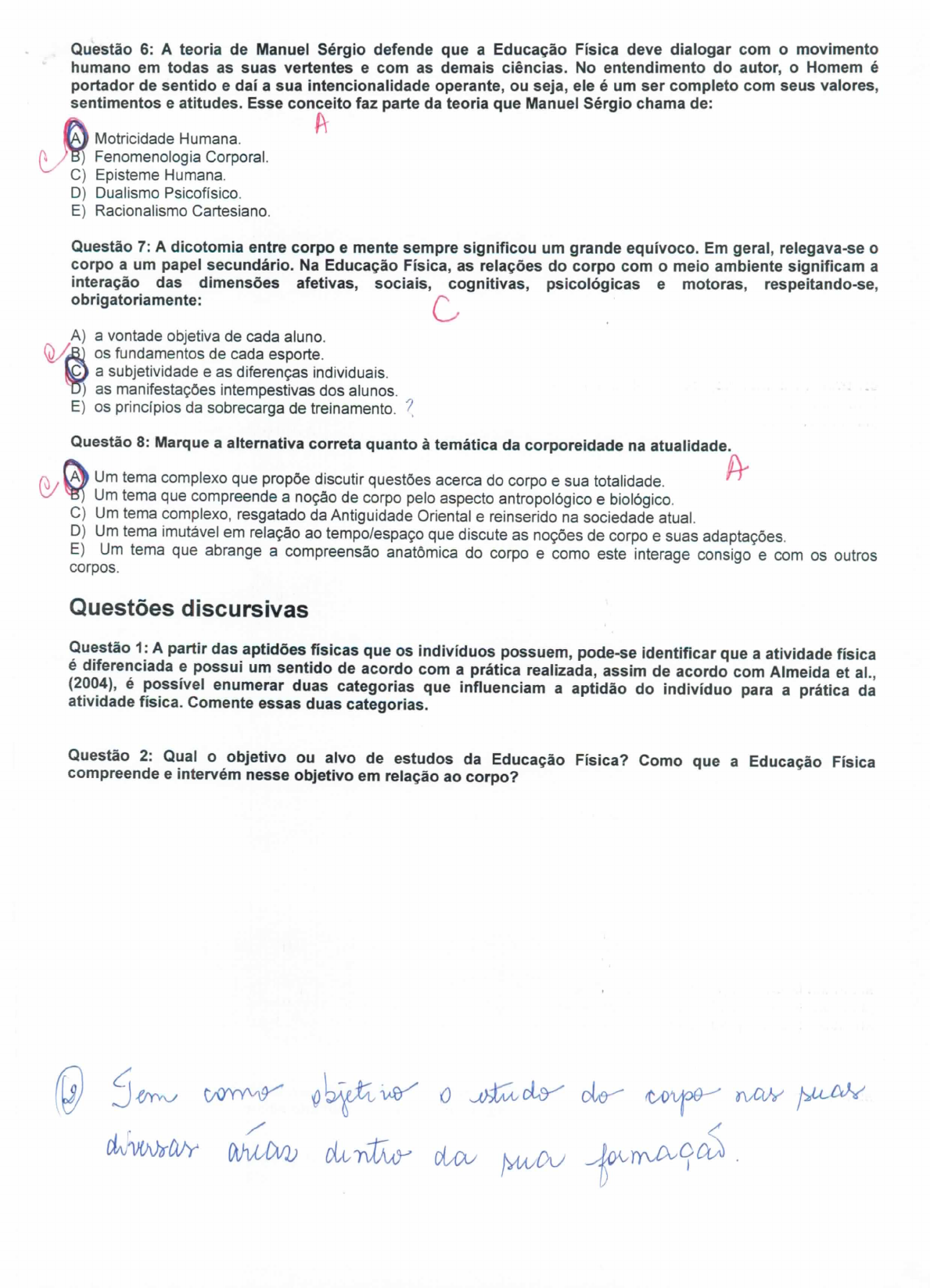 PROVA DE CORPOREIDADE E MOTRICIDADE HUMANA - CORRIGIDA - Corporeidade E ...