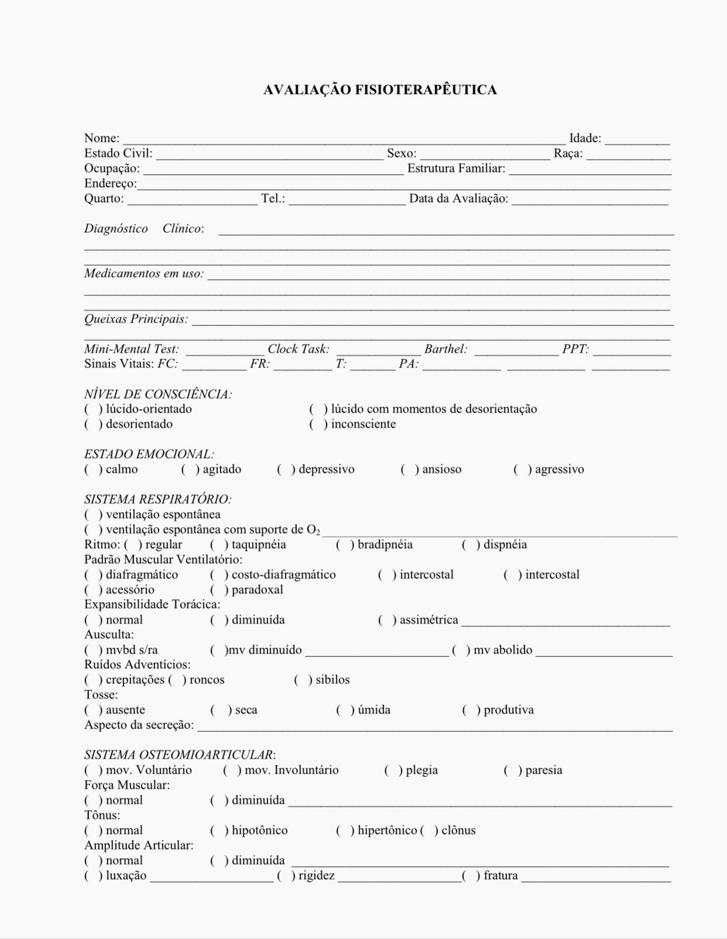 Elaboração de uma Ficha de Avaliação da Fisioterapia do Paciente na Unidade  de Terapia Intensiva – InterFISIO