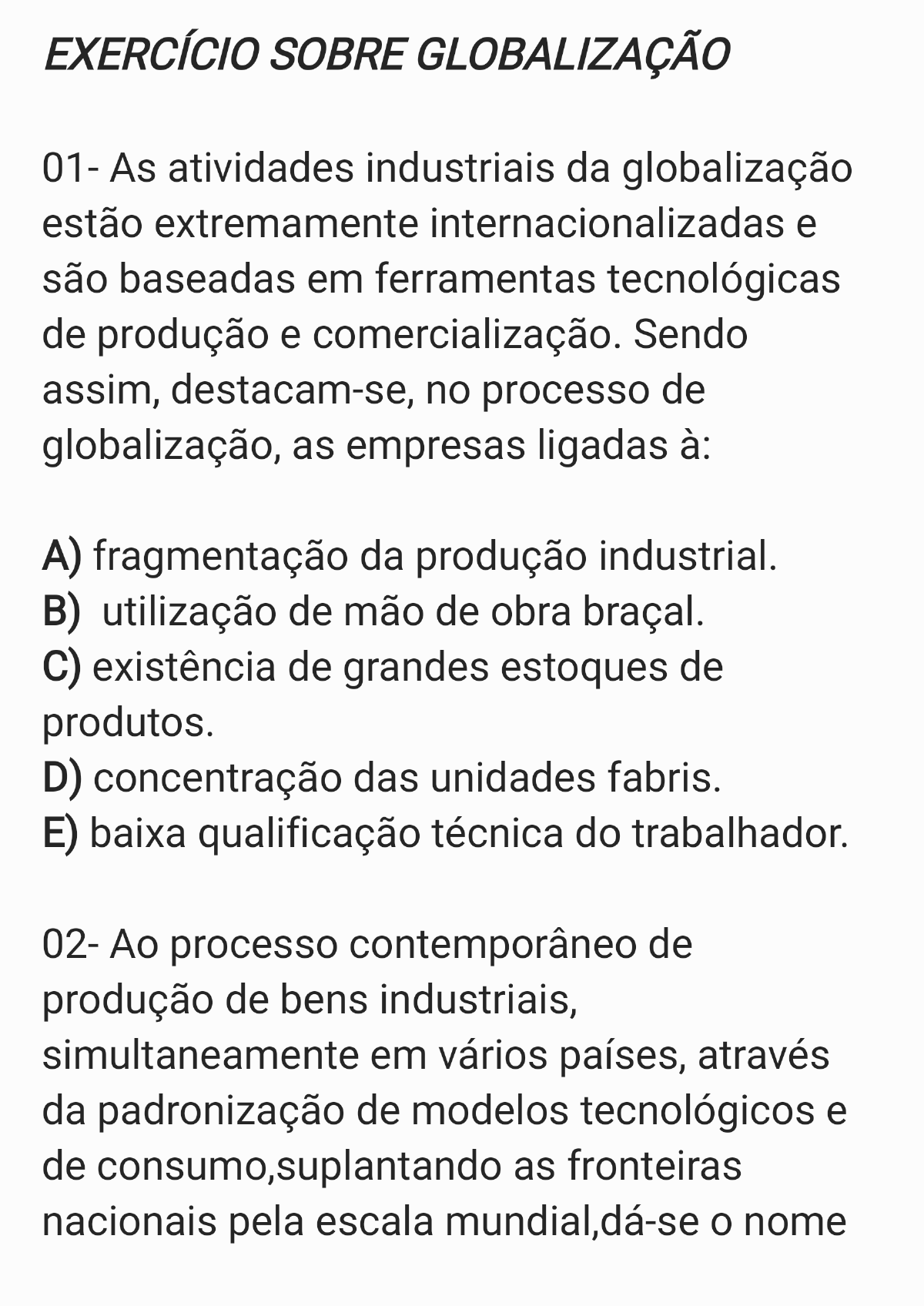 Exercício De Globalização - Geografia