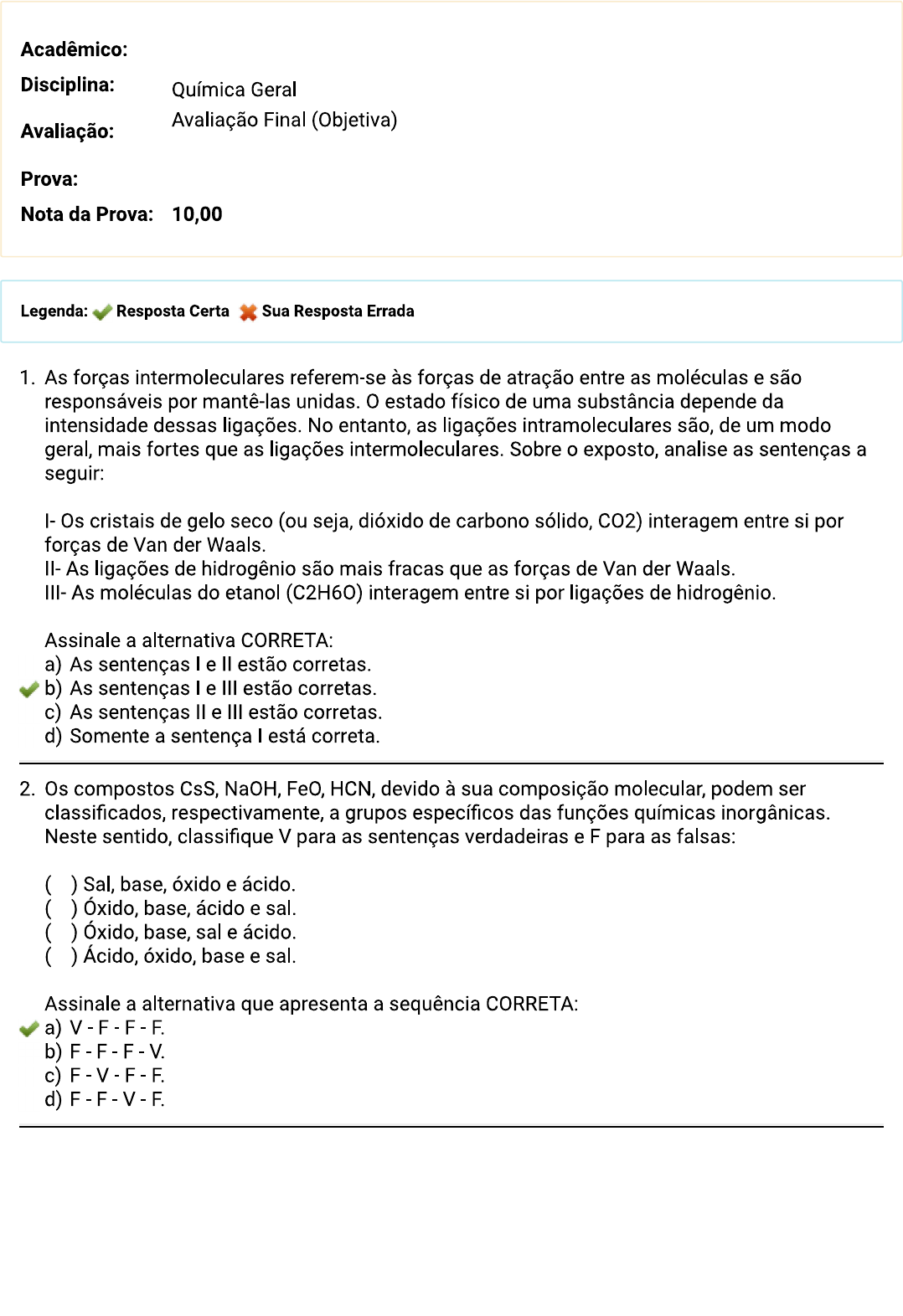 Avaliação final objetiva - Química Geral I