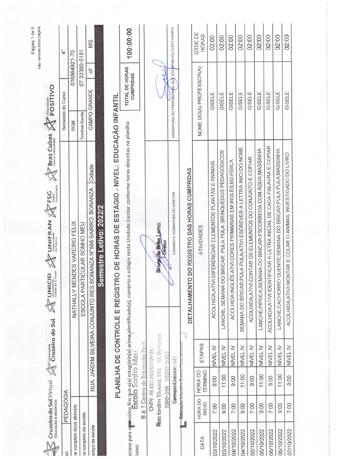 Planilha De Estágio Educação Infantil - Pedagogia