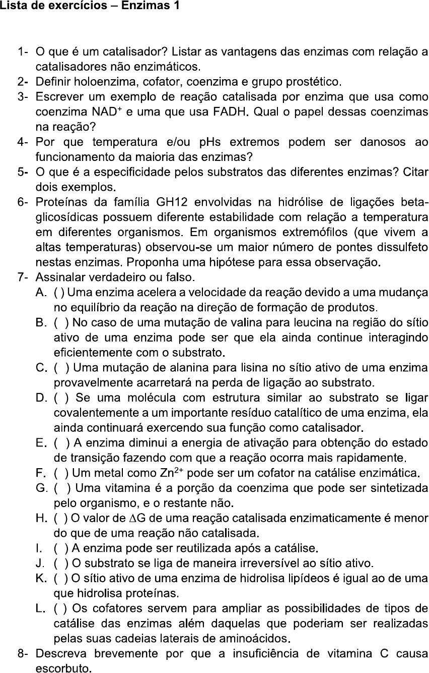Exercícios Sobre Enzimas. Lista De Exercícios Sobre Enzimas – CXDHVT