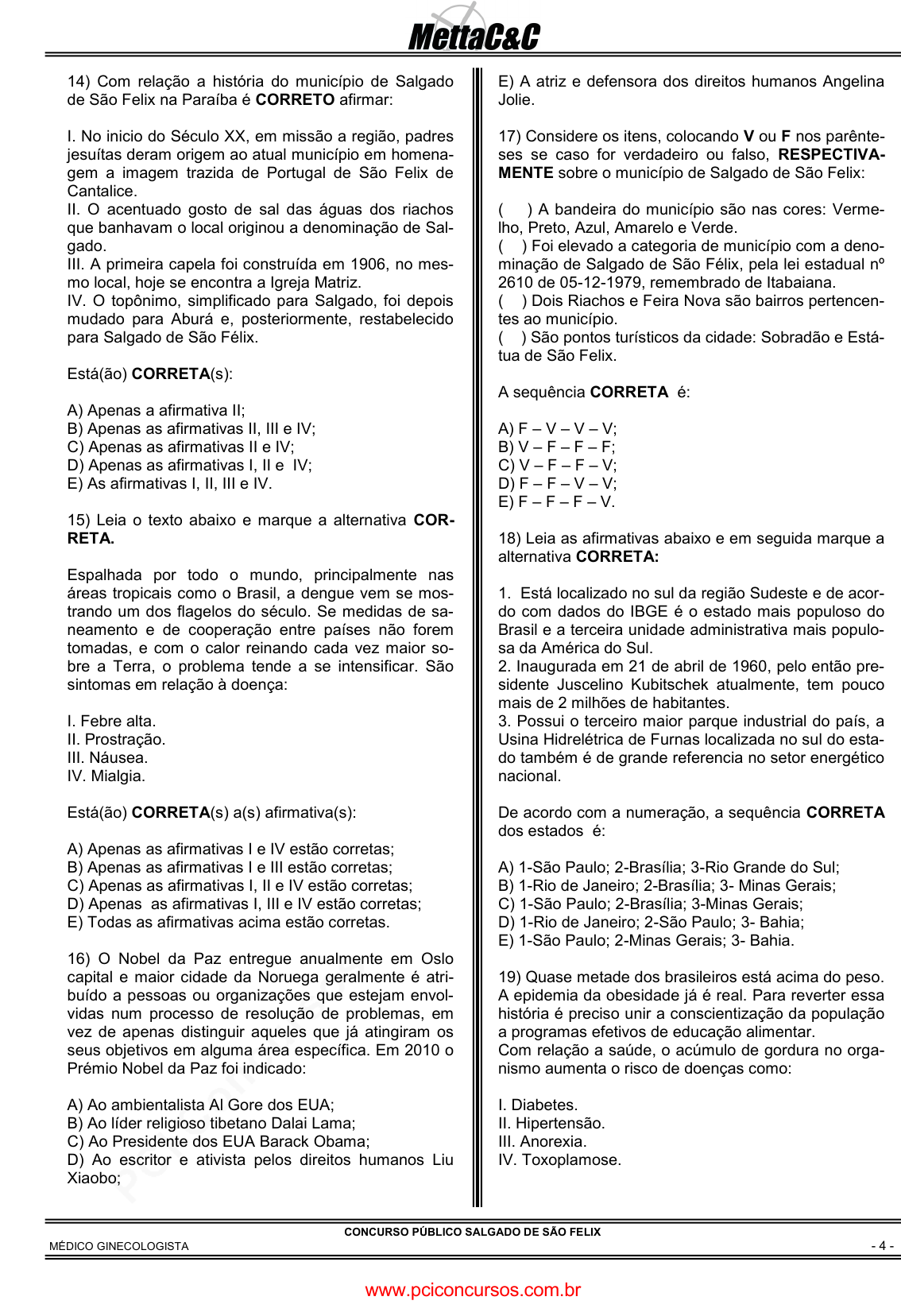 Prova Pref. Riachão do PoçoPB - METTA - 2011 - para Médico - PSF