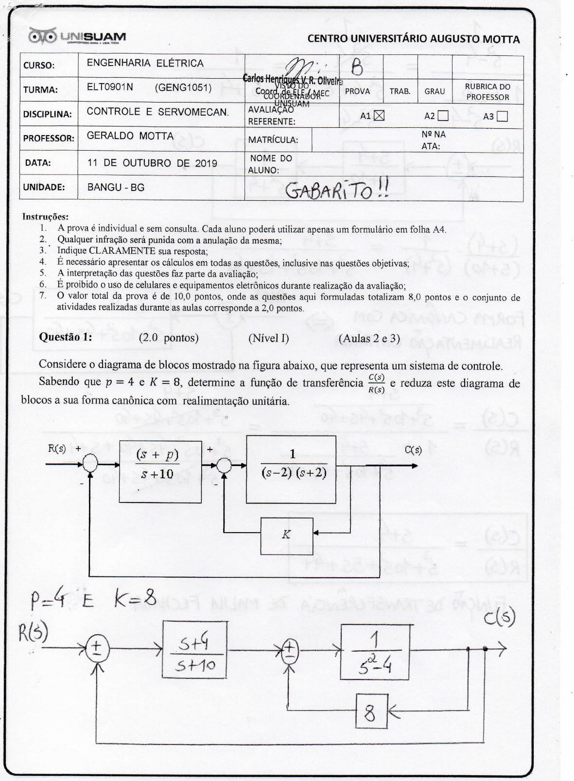 Gabarito BG - A1 - ELT0901N - Controle E Servomecanismos - Prova B ...