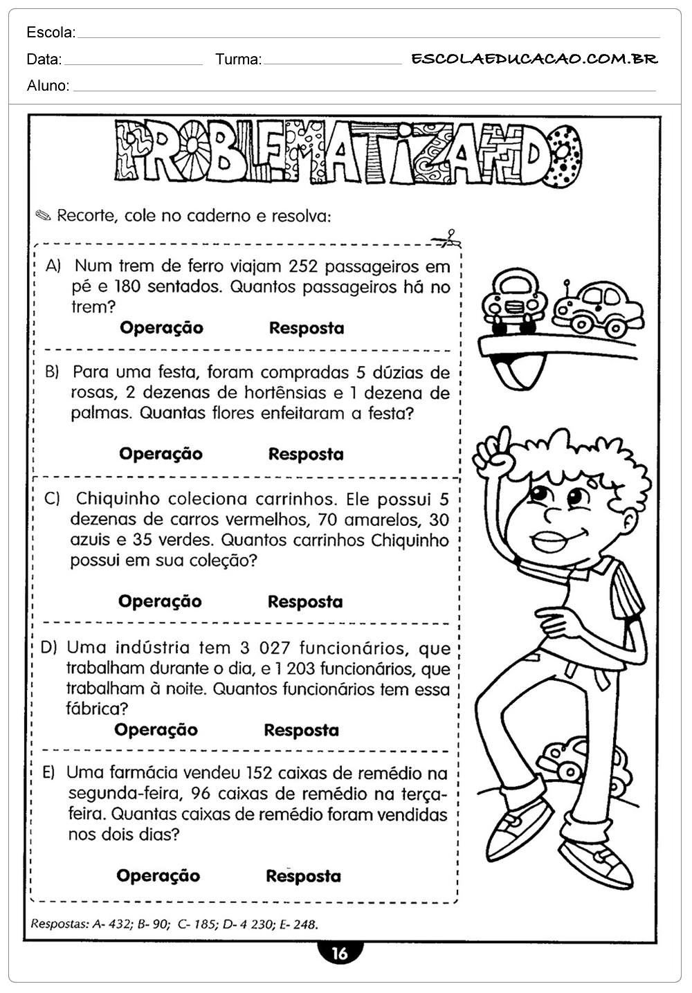 Atividade de matemática: Problemas de adição e subtração - 4º ano