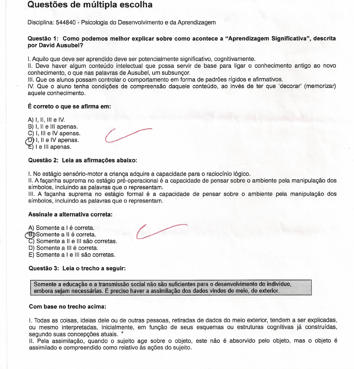 Prova Psicologia do Desenvolvimento e da Aprendizagem Unip