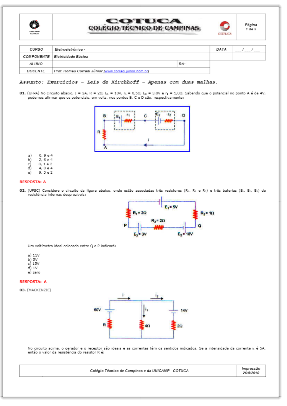 Assunto Exerc Cios Leis De Kirchhoff Apenas Com Duas Malhas Pdf