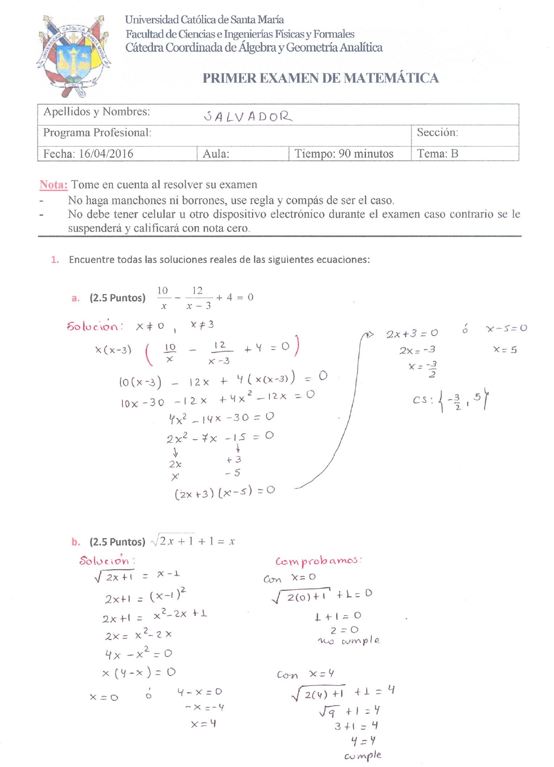 SOLUCION 1ER EXAMEN TEMA B - Matemática