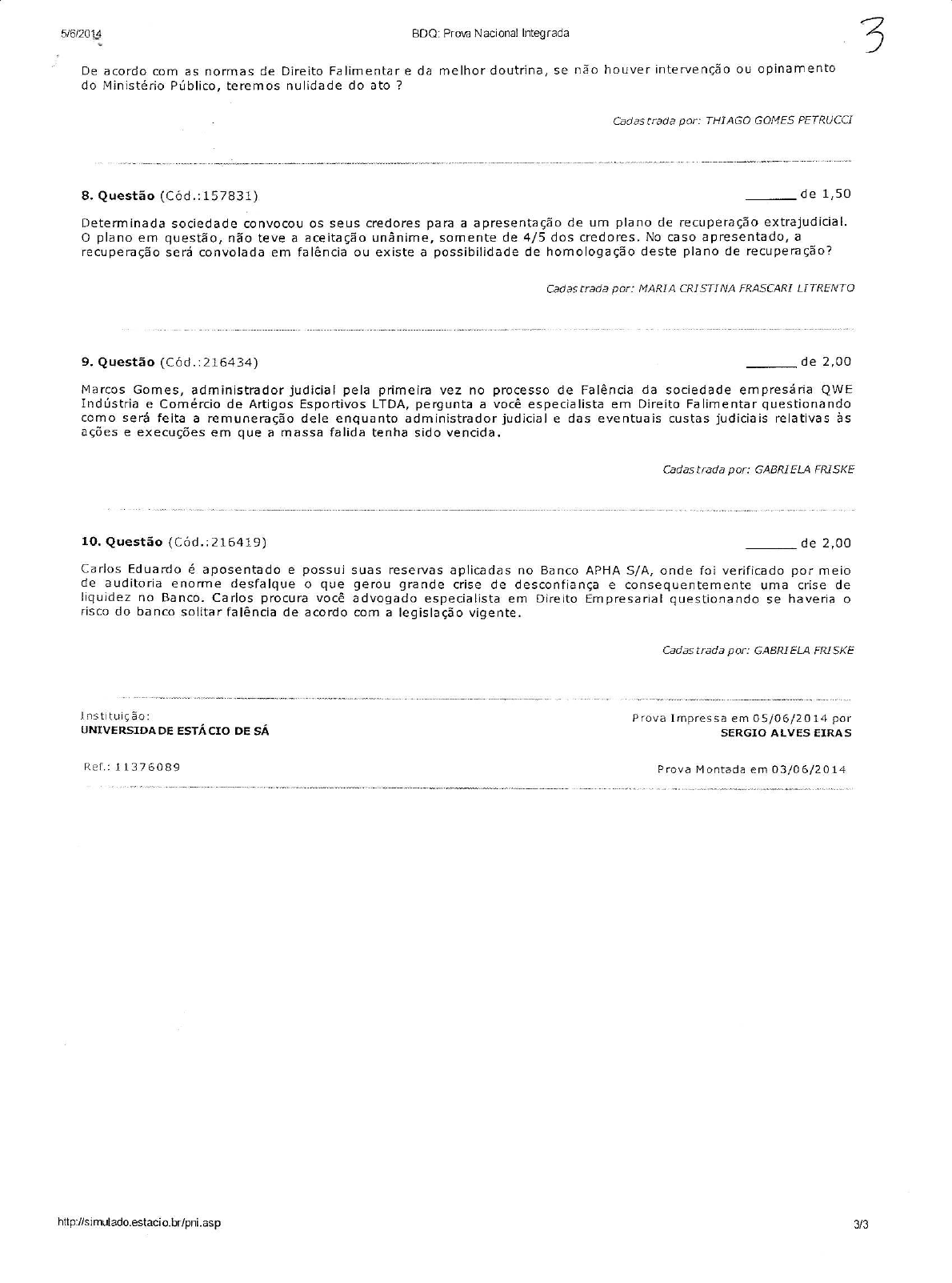 Prova Av2 Direito Empresarial IV - AV2 - Direito Empresarial IV