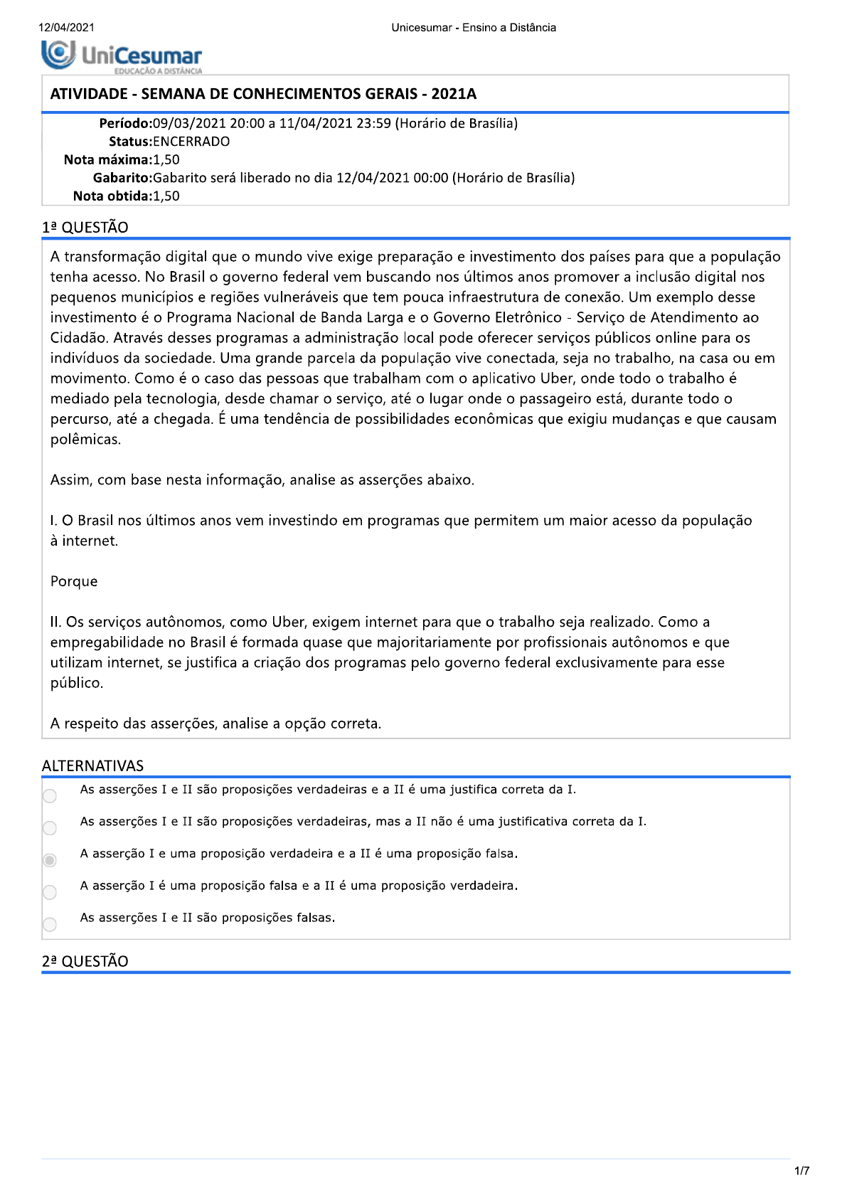 ATIVIDADE - SEMANA DE CONHECIMENTOS GERAIS - 2021A, Exercícios Engenharia  Civil