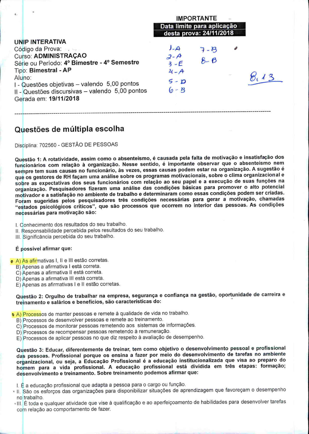 Atividade UNIP - Gestão de Pessoa, Provas Gestão Empresarial