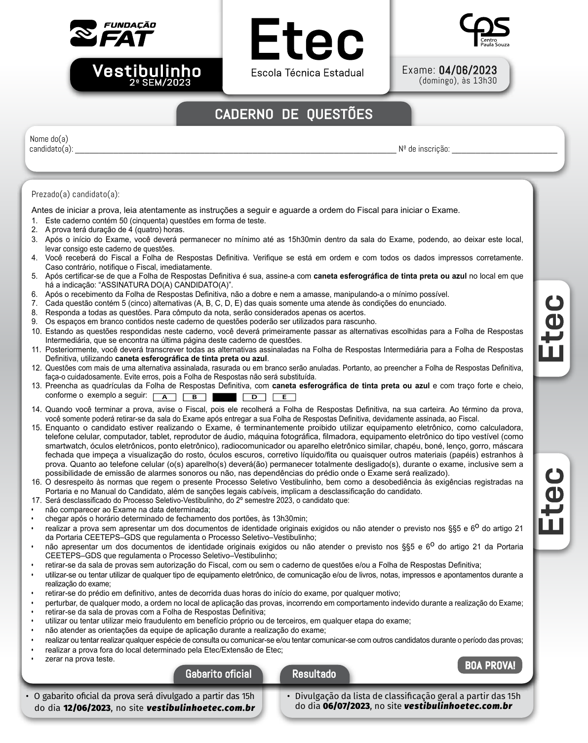 Vestibulinho ETEC 2º Semestre – 2022 – Provas acontecem domingo 03